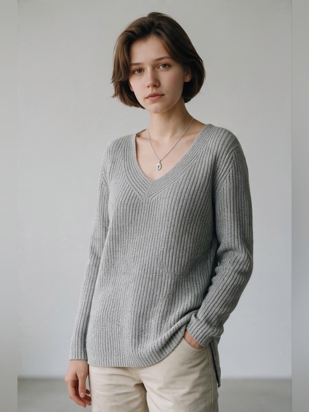 L.L. Bean 100% Cotton V-Neck Ribbed Knit Sweater in Light Gray SZ M